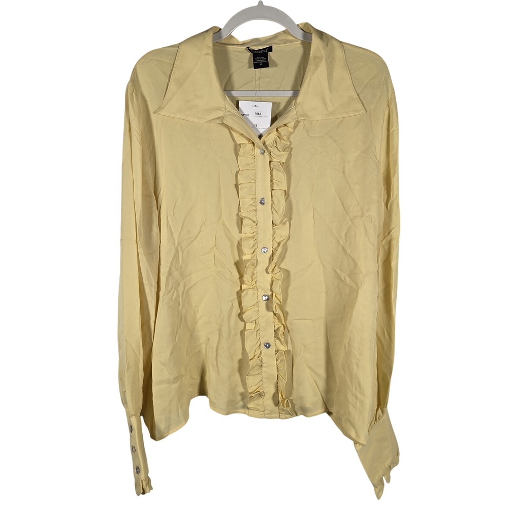 Barrie Pace Silk Blouse Women 16 Yellow Ruffle Front Long Sleeve Button Up‎ NWT